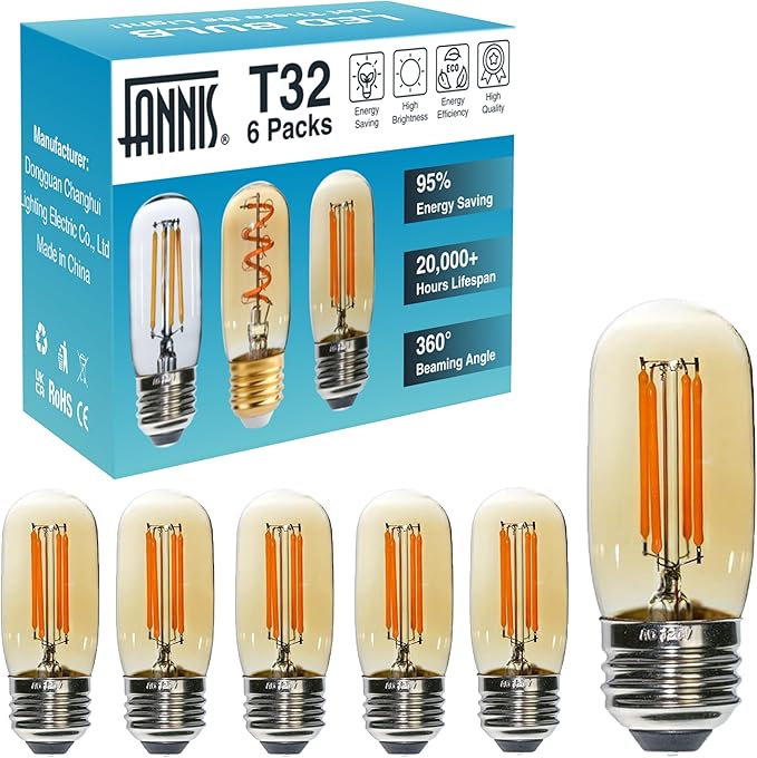 6 Pack T32 T12 Dimmable Tube LED Bulb, 4W Equivalent to 40W Amber Glass Warm E26 Base for Chandeliers, Wall sconces, Floor Lamps, Table Lamps and Other Indoor Lighting fixtures