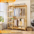 Homykic Bamboo Clothes Rack Garment Rack for Hanging Clothes, Heavy Duty Clothing Rack with 7 Tiers Adjustable Shelves, Double Rods, 4 Hooks, Freestanding Closet System Organizer Wardrobe, Natural