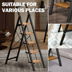 5 Step Ladder, Lightweight Folding Step Stool with Anti-Slip Aluminum Wide Pedal& Convenient Handgrip, 330lbs Capacity Steel Ladder for Household and Office (Black&Woodgrain)