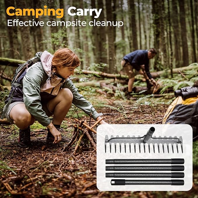 49" Rake - 17" Extra Wide Garden Tool with Double-Sided Head, Heavy Duty Lightweight Stainless Steel Construction for Mulching & Debris Removal, Leveling Lawn, Loosening Soil, Leaf Cleanup, Soil Prep