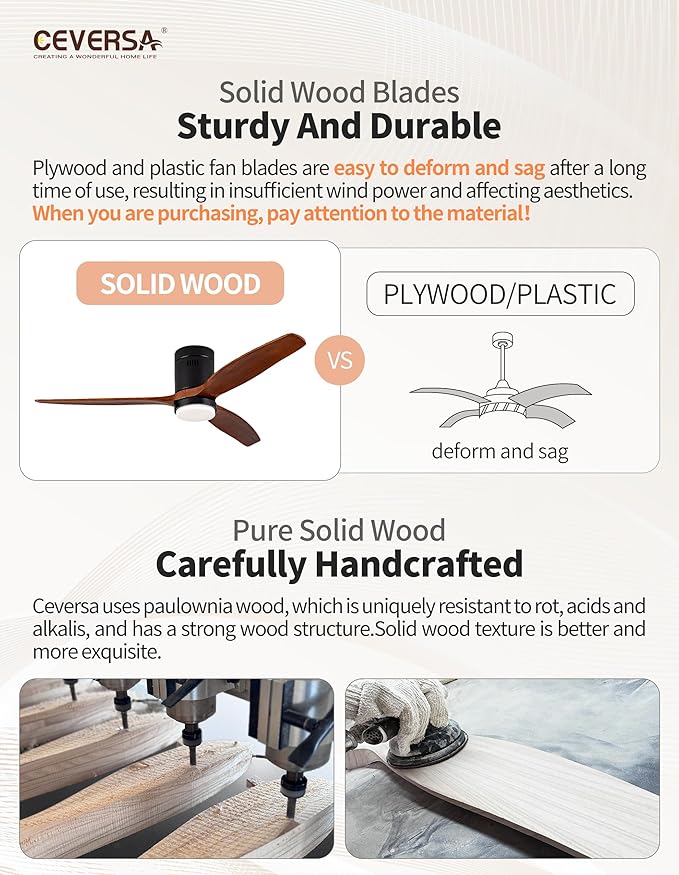 52 Inch Low Profile Ceiling Fans with Lights and Remote Control, Flush Mount Ceiling Fan with Lights, 3 Blades Solid Wood Hugger Easy Installation for Living Room, Bedroom, Farmhouse, Indoor