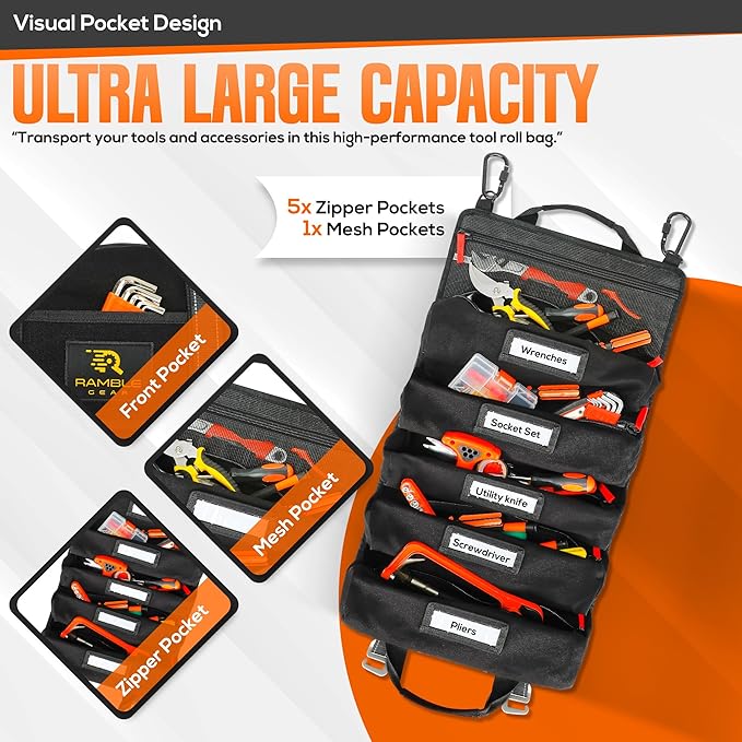 Roll up tool bag organizer with Carabiners - 5 Large Oversized Pockets with Labels-Tool roll bag organizer - Canvas foldable tool Bag organizer | Tool organizer bag for Mechanic, Electrician & more
