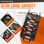 Roll up tool bag organizer with Carabiners - 5 Large Oversized Pockets with Labels-Tool roll bag organizer - Canvas foldable tool Bag organizer | Tool organizer bag for Mechanic, Electrician & more