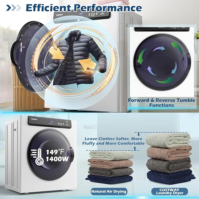 COSTWAY Compact, Touch Panel, 2 Modes, 3 Heating Powers and Adjustable Exhaust Vent, 8.8 LBS Front Load Tumble Laundry Apartment, Dorm and Home, 1400W, White Portable Dryer