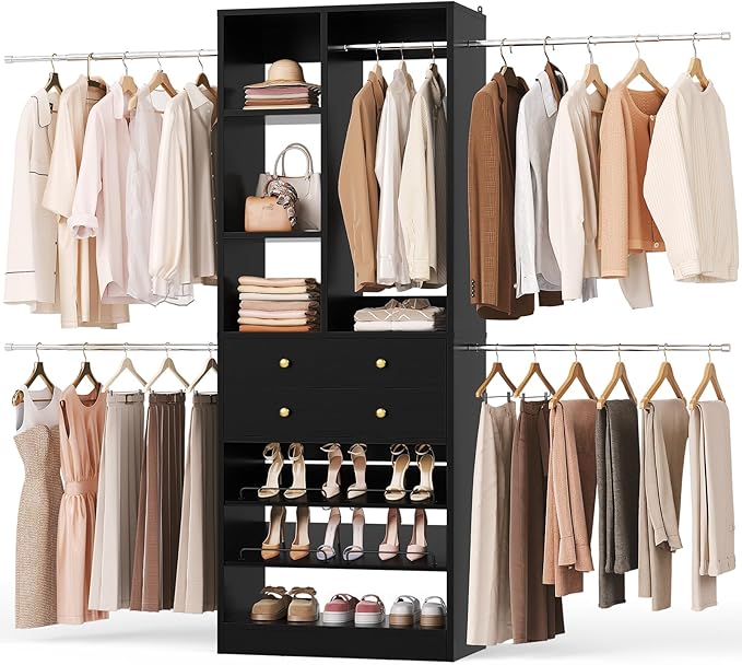 Closet System, 4.2–8.8 FT Closet Organizer with 2 Wooden Drawers and Shelves, Walk-in Closet System with 5 Hang Rods, Built-in Reach in Closet Tower, Can Fit 60 to 96 inch, Black