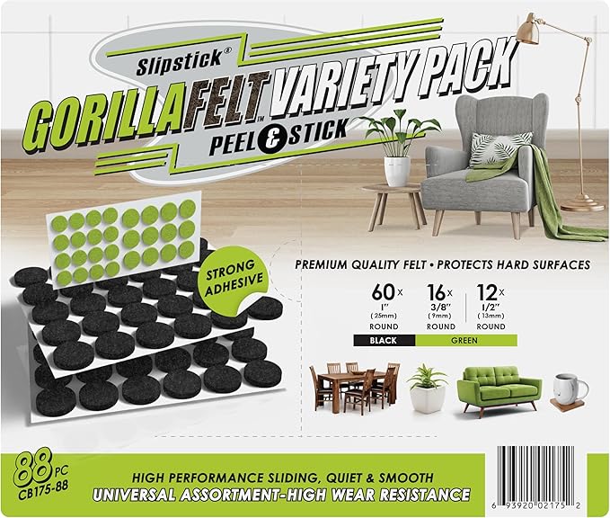 Slipstick Gorilla Felt 1 Inch Furniture Pads (88 Piece Combo) Premium Furniture Pads & Chair Leg Floor Protectors for Hardwood Floors & Hard Surfaces