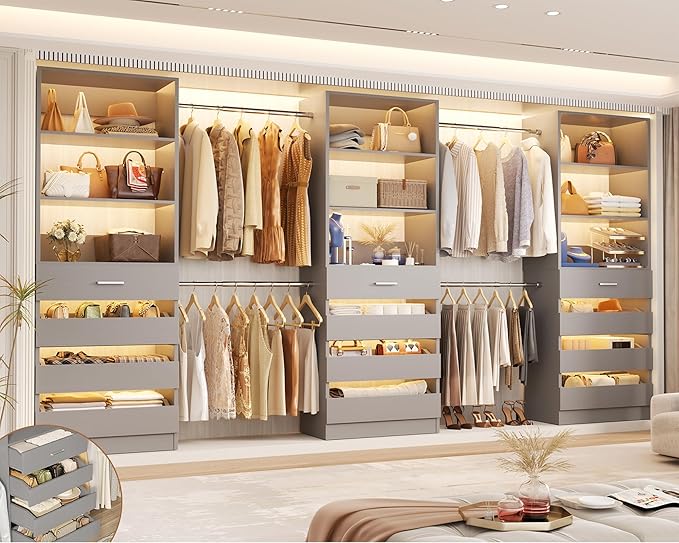 Aheaplus Closet System with 12 Drawers, 8.5-11.5Ft Wood Closet Organizer System with 4 Hanging Rods & 3 Towers, 4Ft & 6Ft L-Shaped Walk-in Closets Wardrobe Organizer Clothes Rack, Set of 3, Grey1