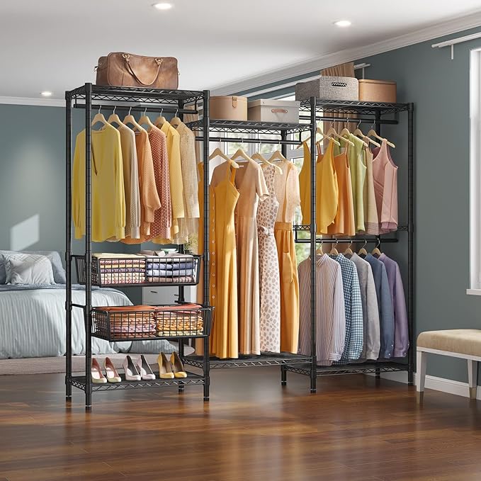 VIPEK V10 Medium Wire Garment Rack Heavy Duty Clothes Rack, Freestanding Closet Wardrobe Metal Clothing Rack with 2 Slid Baskets, 56.7" L x 15.7" W x 76.4" H, Max Load 720lbs, Black