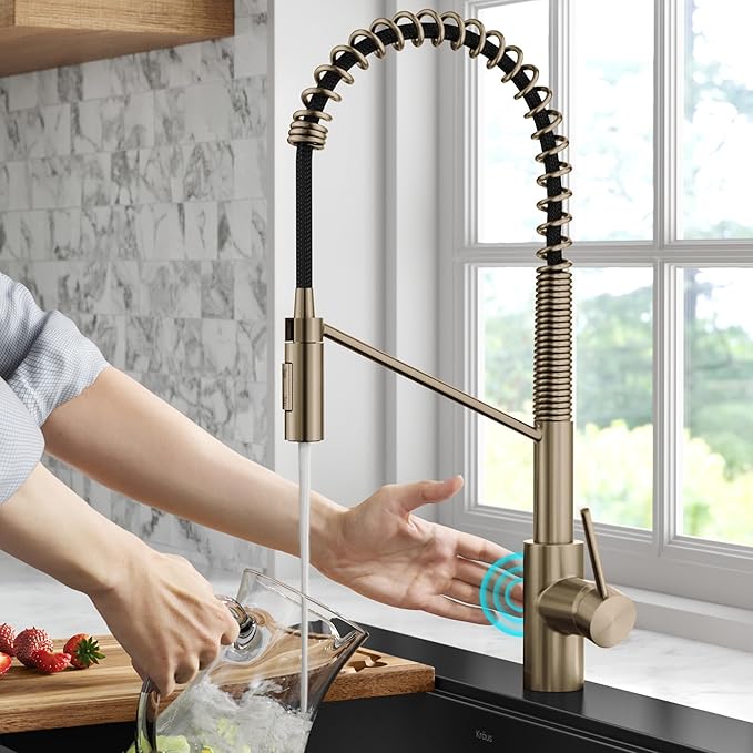 KRAUS Oletto Touchless Sensor Commercial Pull-Down Single Handle Kitchen Faucet with QuickDock Top Mount Assembly in Spot Free Antique Champagne Bronze, KSF-2631SFACB