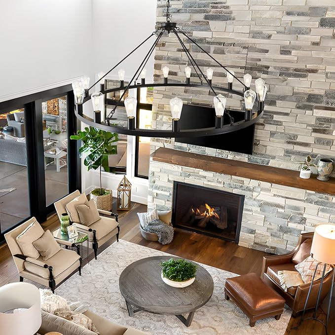 53” Black Large Wagon Wheel Chandelier,Vintage Rustic Farmhouse Chandeliers 18-Lights,Round Metal Industrial High Ceiling Pendant Light with Adjustable Height for Kitchen,Foyer,Porch,Living room