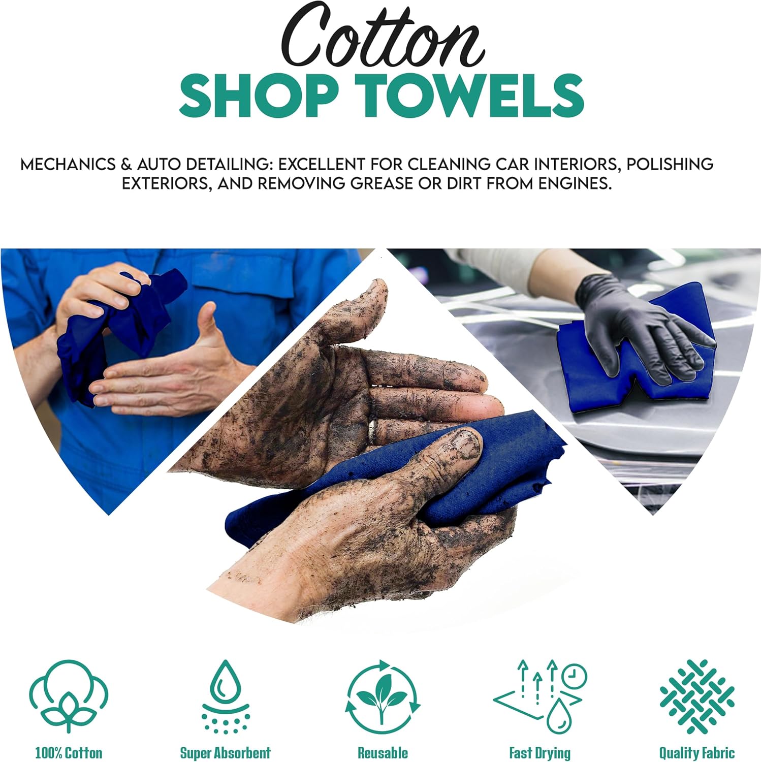 ZUPERIA Cotton Shop Towel – Multipurpose Cleaning Cloths (14" x 12" - Pack of 100 - Blue) Reusable Shop Rags for Automobiles, Industrial, Restaurants, Garage, and Homes