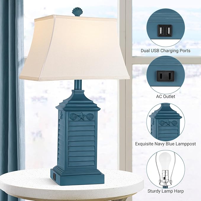Set of 2 Table Lamps for Living Room Bedrooms, Coastal Nautical Navy Blue Bedside Nightstand Lamp with 2 USB Ports 1 AC Outlet, 3-Color Temperature Farmhouse Beach End Tables Lamp with LED Bulbs