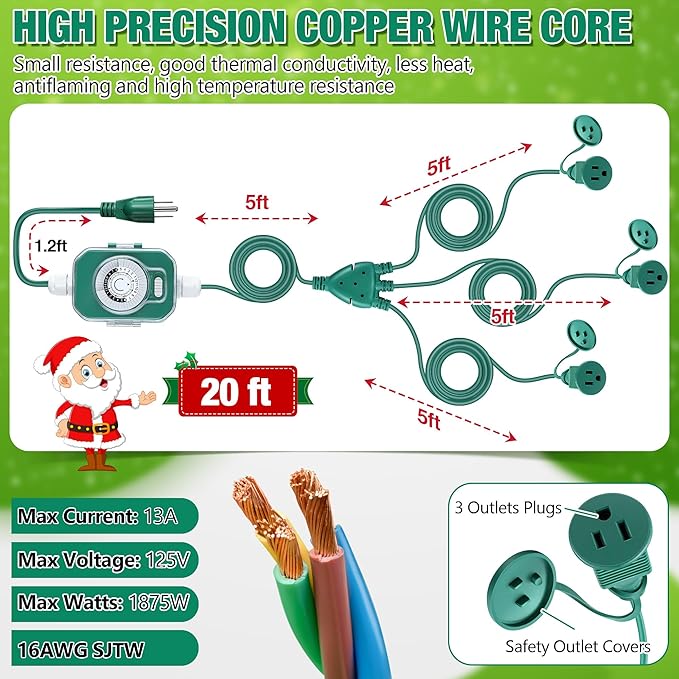 Feekoon 20FT Outdoor Extension Cord with Timer, 1 to 3 Way Extension Cord Splitter, 16AWG SJTW Heavy Duty 3 Plug Green with Multiple Outlets and Weatherproof Covers for Halloween Christmas