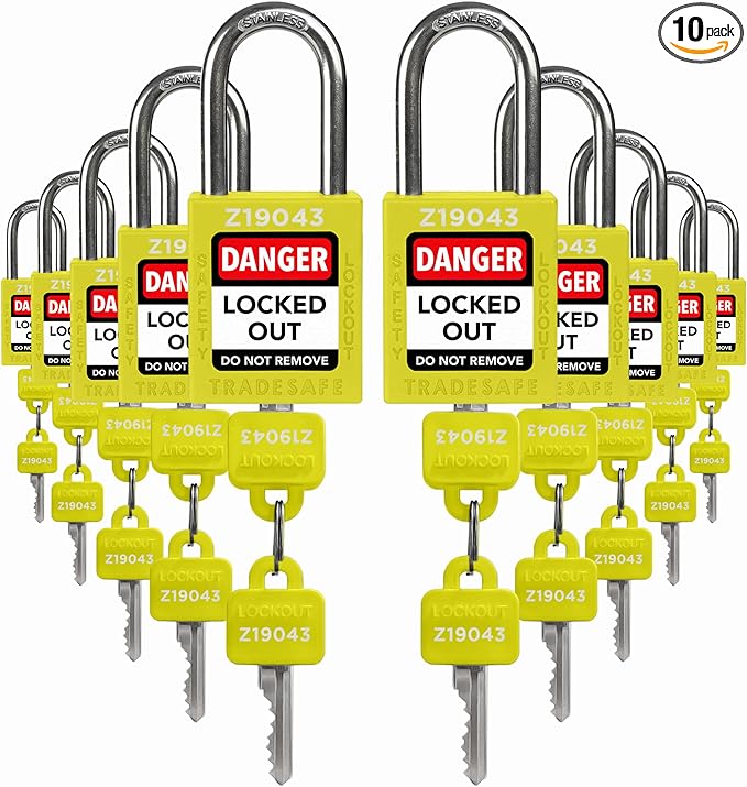 TRADESAFE Lockout Tagout Locks Set - 10 Yellow Keyed Alike Padlocks, 2 Keys Per Lock, OSHA Compliant Loto Locks