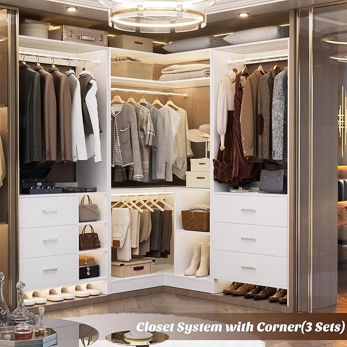 Aheaplus Corner Closet System With Shelves, 34'' Organizer With Hanging Rods, Wood Walk-in for Small Space, Freestanding Tower, L Shaped Garment Rack, White