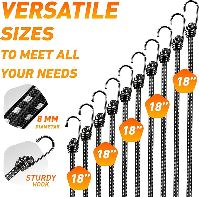 Heavy Duty Bungee Cords with Hooks - 10 Piece 18 Inch Bungie Cords Set