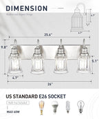 Brushed Nickel Bathroom Light, HWH 4-Light Vanity Lights for Bathroom Vanity Sconce Over Mirror, Wall Mounted Light Fixtures with Bell-Shaped Striped Glass, 5HZG106B-4W BN