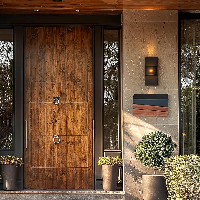 Wall-Mount Mailbox, Walnut Wood Panel, Rust Resistant Large Capacity House Mailbox, Morden Drop Mailboxes for Outside, Metal Post Box (No Keys Locking)