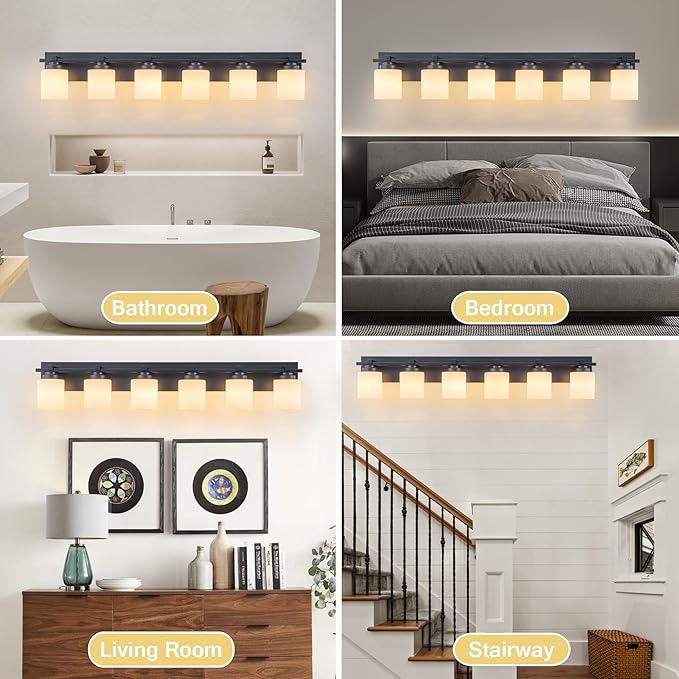 6 Light Modern Bathroom Light Fixtures Over Mirror, Black Vanity Lights for Bathroom Wall Sconces with Milky White Glass Shades, E26 Socket (Bulbs Not Included)