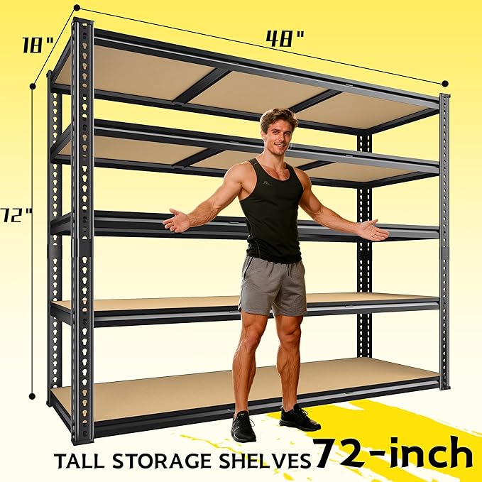 2800LBS Garage Shelving Heavy Duty 5 Tier Garage Storage Shelves, Adjustable Metal Shelving Unit Utility Rack Shelf for Warehouse, Pantry, Closet, Kitchen 72" H x 48" W x 18" D, Black