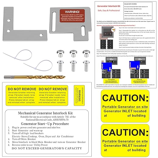 Generator Interlock Kit Compatible with Horizontal Main Cutler Hammer CH Series ONLY 150 or 200 Amp Panels, TAN Breaker ONLY,1 1/2 Inches Spacing Between Main and Branch Breaker.