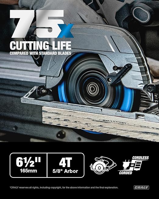 CRALY 6-1/2 Inch 4 Teeth Hardie Fiber Cement Circular Saw Blade, 5/8 Inch Arbor, Polycrystalline Diamond Tipped (PCD), Thin Kerf, Black Ice™ Coating, for Laminate Flooring(C0604FC)