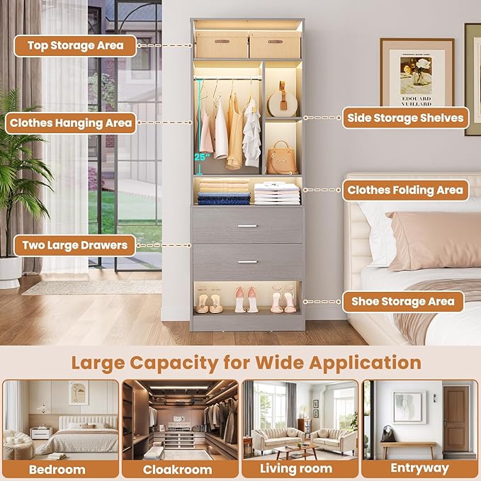 Freestanding 24" Closet System with 2 Wood Drawers, 2FT Small Closet Organizer System with 6 Shelves & Hanging Rod, Walk-in Closet Systems for Small Closets, Grey (24" L x 15" W x 80" H)