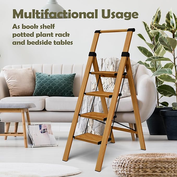 Taranta 4 Step Ladder, Portable Folding Ladder with Wide Pedal, Lightweight Aluminum Step Stool with Convenient Handgrip, 330 lbs Capacity Stepladder for Home, Office - Woodgrain