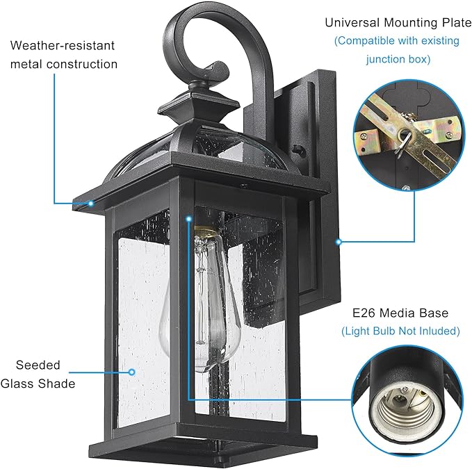 Darkaway Outdoor Lights Fixtures Wall Mount, Outdoor Wall Sconce with Seeded Glass Waterproof Outside Exterior Lighting Fixture for House, Front Porch, Patio (1 Pack)