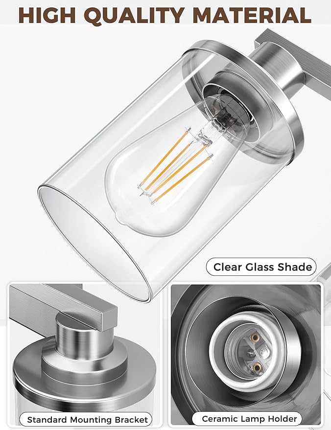 DORESshop Bathroom Light Fixtures, 3-Light Brushed Nickel Bathroom Lighting Fixtures Over Mirror with Clear Glass Shade, Modern Wall Sconce for Mirror Bedroom Hallway, ETL Listed