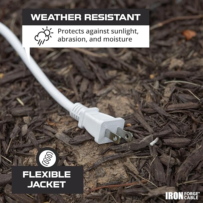 Iron Forge Cable 2 Prong Outdoor Extension Cord 25 ft, 16/2 SJTW 25 Foot White Extension Cord, Weatherproof - Great for Outdoor Lights, Deck, Patio