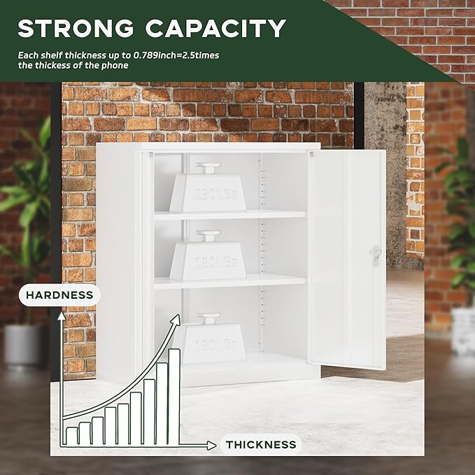 Greenvelly Metal Storage Cabinet, 36" Locking Storage Cabinet with Doors and Shelves, Lockable Storage Cabinets for Home Office, Utility Locker Cabinet, Steel Garage Cabinet with 2 Keys, White Grey