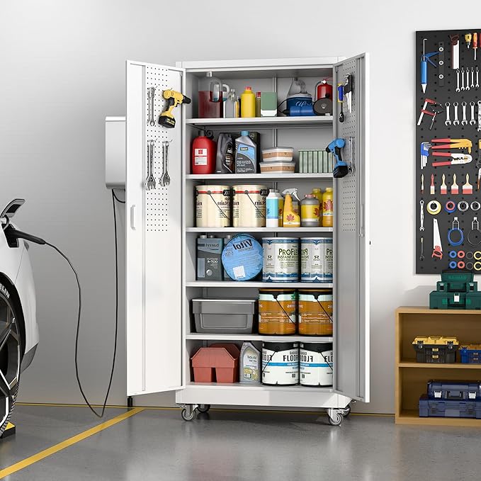 Metal Storage Cabinet with Wheels and Pegboard,71" H x 32" W x 16" D Garage Storage Cabinet with 2 Doors and 5 Adjustable Shelves for Garage, Home, Warehouse, Closet, Assembly Required, White