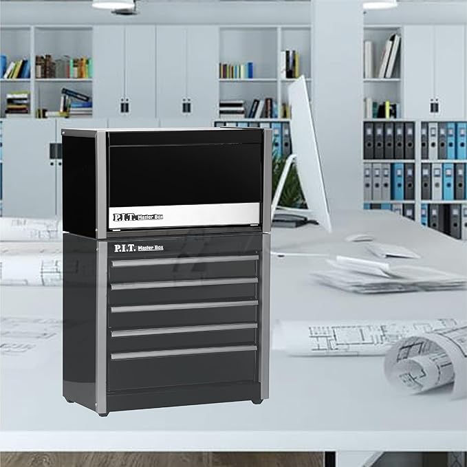 P.I.T. Mini Black Tool Box, Portable 3 Drawer Steel Stackable Tool Box with Magnetic Tab Locking, Black Micro Top Chest with Liner for Tools Storage and Organizers, Home DIY