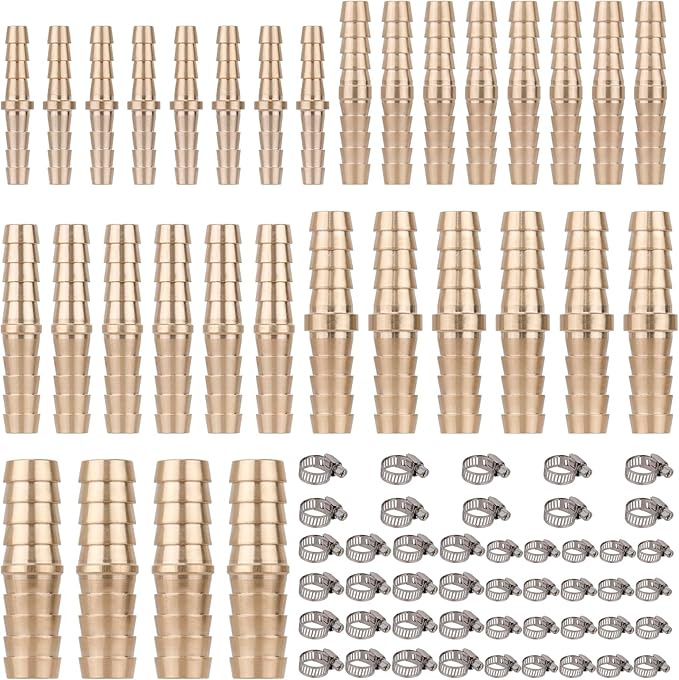 KOOTANS 32PCS Brass Hose Barb Fittings Barb Splicer Mender Hose Fittings Kit 3/16" 1/4" 5/16" 3/8" 1/2" Barbed Air Hose Fittings with 46pcs Pipe Clamps for Water Fuel Air Line Connector Fitting