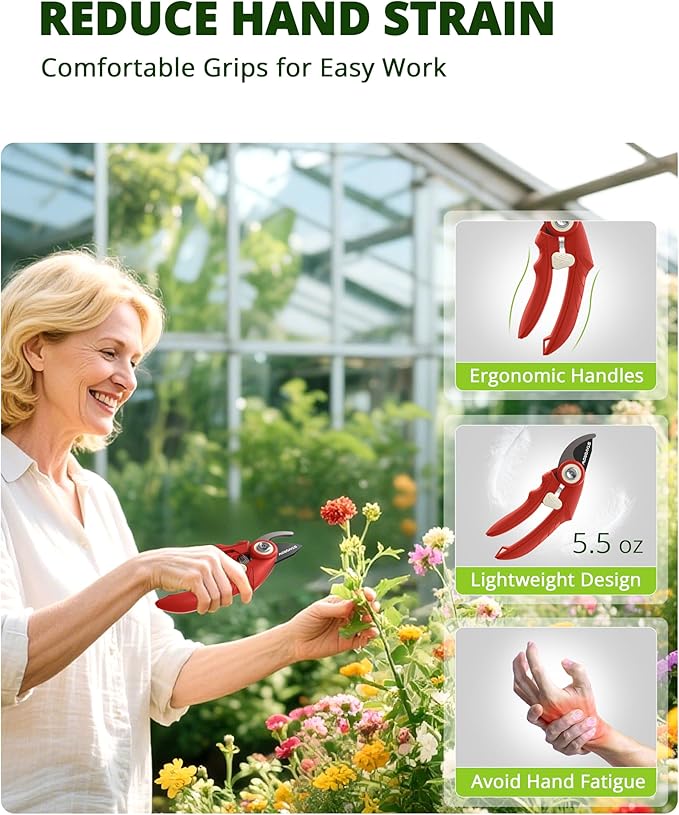 Pruning Shears - 6.9" Professional Garden Shears with SK5 Stainless Steel Sharp Blades, Garden Clippers with Comfortable Grip Hands and Safety Lock, Gardening Tools for Men Women - Red