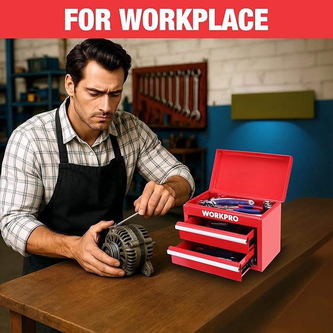 WORKPRO Metal Mini Tool Box, Top Tool Chest containing Two Drawers with Ball Bearing Slides, PVC Drawer Liners and PP Feet Pads, Durable Cold Rolled Steel Small Toolbox for Multi-Purpose Storage