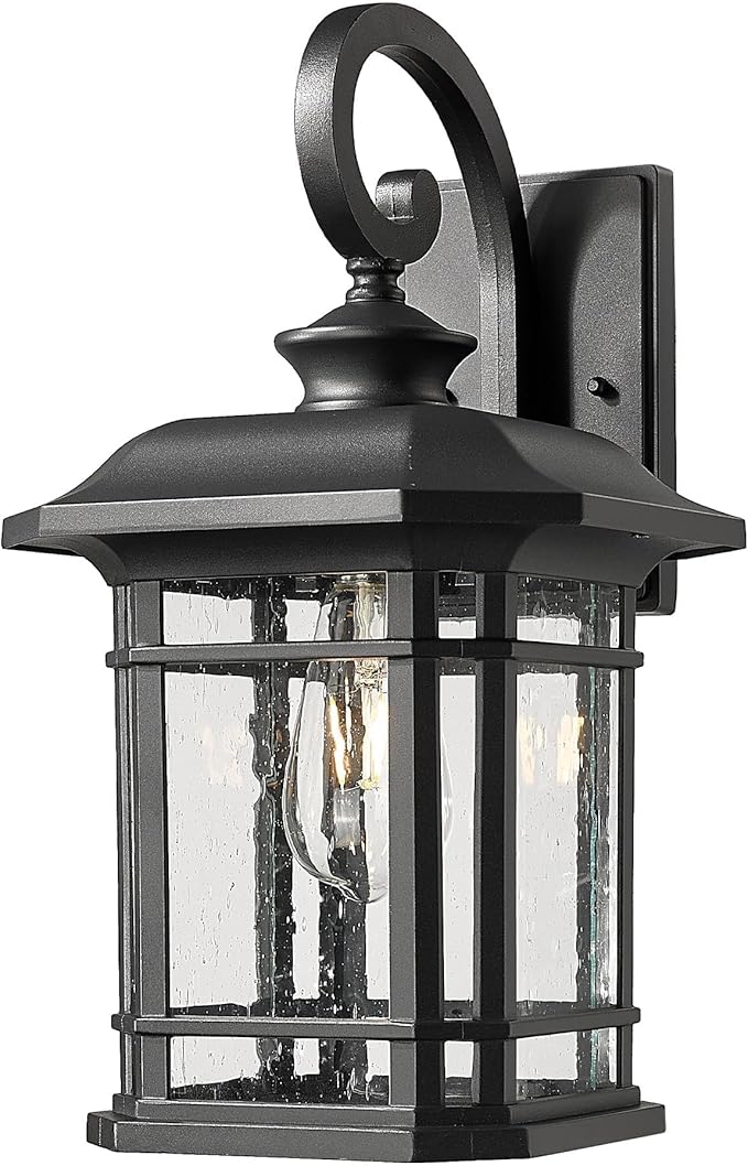Exterior Wall Sconce, Outdoor Waterproof Wall Mount Light Fixture, E26 Socket Anti-Rust Matte Black Finish Outdoor Lighting Fixture,Outside Lantern Lamp with Seeded Glass (Black, 15.96 Inch Height)