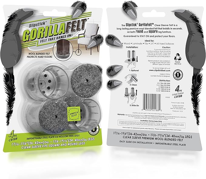 Slipstick GorillaFelt Chair Leg Floor Protectors for Hardwood Floors, Clear Sleeve Felt Pads for Furniture That Stay On, Fits Round & Square Legs, Includes 4 Premium Transparent Chair Socks, CB188