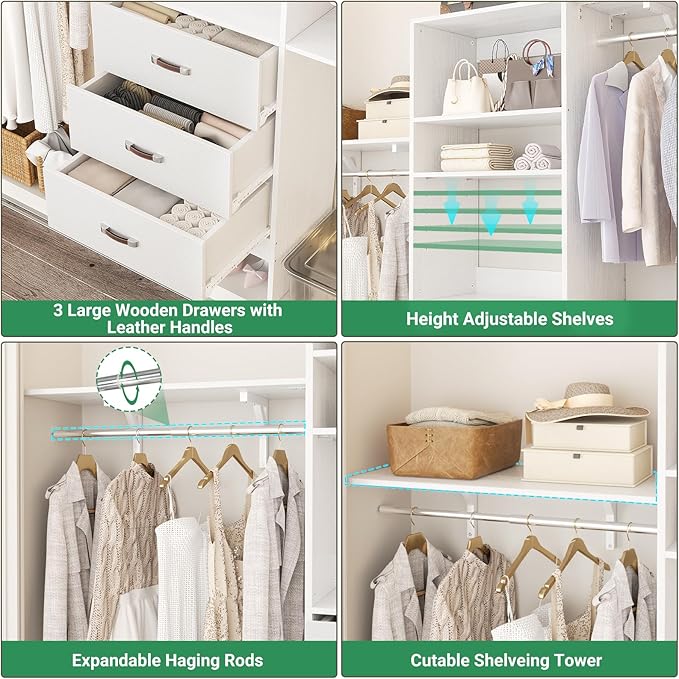 96 inch Closet System with 3 Wooden Drawers, Closet Organizer System with Storage Shelves Cutable, Wall-mounted Closet System with 3 Adjustable Hanging Rods for Walk-in Closet, White