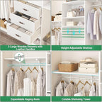 96 inch Closet System with 3 Wooden Drawers, Closet Organizer System with Storage Shelves Cutable, Wall-mounted Closet System with 3 Adjustable Hanging Rods for Walk-in Closet, White
