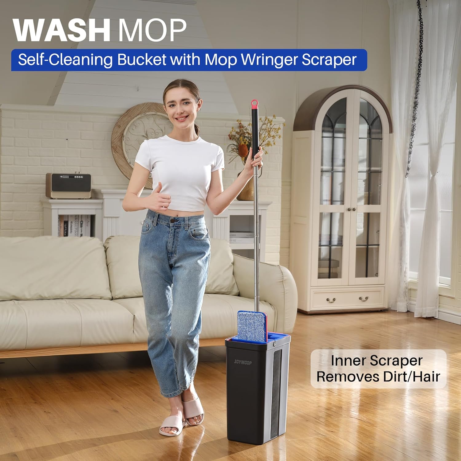 JOYMOOP Mop and Bucket with Wringer Set, Hands Free Flat Floor Mop and Bucket, with 4 Washable Microfiber Pads, Wet and Dry Use, Floor Cleaning System - Black+Red+Slate Blue