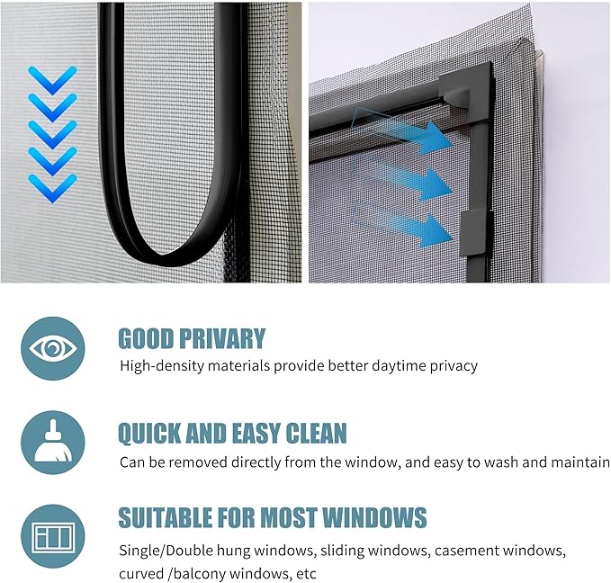 DIY Magnetic Window Screen Replacement Adjustable Mesh Screen 55"H*36"W with Magnets Fits Any Size White Frames with Grey Fiberglass Screen