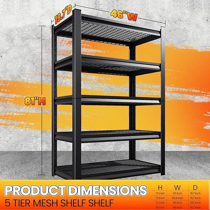 Large Garage Shelving, 5-Tier Garage Storage Shelves 3000LBS Heavy Duty Shelving Unit, Adjustable Steel Metal Shelving, Wire Shelves for Garag, Utility Rack Shelf for Basement, 81 ”H×46”W×19.7”D