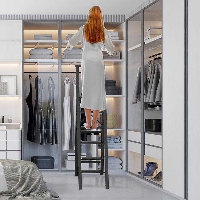 6 Step Ladder, Portable Step Ladder with Handrails, Folding Step Stool for Adult, Aluminum Step Ladder for Closet, Kitchen, Outdoor, 330LBS - Black