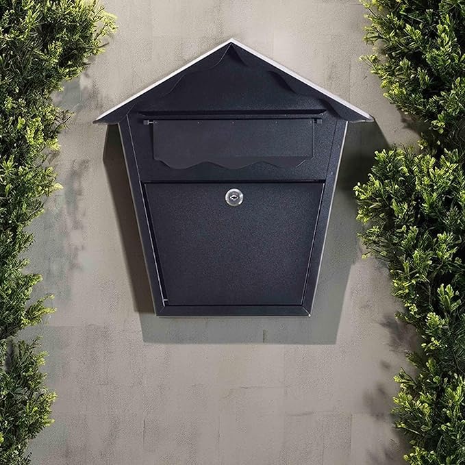 Wall Mount Locking Mailbox - Black Horizontal Triangular Security Mailbox - Waterproof Vertical Drop Mail Box Outdoor with Key