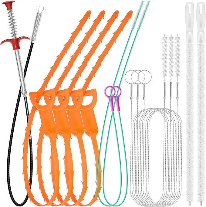 12 Pack Drain Clog Remover Kit, 59" Drain Snake(3pcs), 37" Steel Sink Snake(2pcs), 25" Snake Drain Hair Removal Tool(4pcs), 24" Drain Cleaner Tool(1pc), 18" Drain Brush(2pcs) for Sink, Toilet, Shower