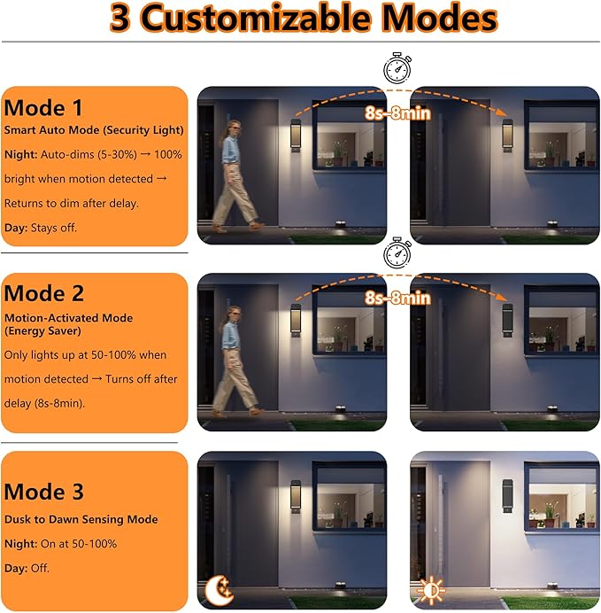 Dusk to Dawn Outdoor Wall Light with Built-in LED, 3 Adjustable Modes, All Aluminum Waterproof IP65 - Exterior Light Fixture for Porch, Garage, Front Door, House