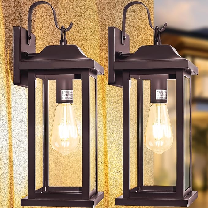 2-Pack 17 Inch Large Bronze Outdoor Light Fixtures, Exterior Vintage Outdoor Wall Sconces IP65 Waterproof Anti-Rust, Porch Lights with Clear Glass Outside Rustic Wall Lanterns E26 Bulb Base
