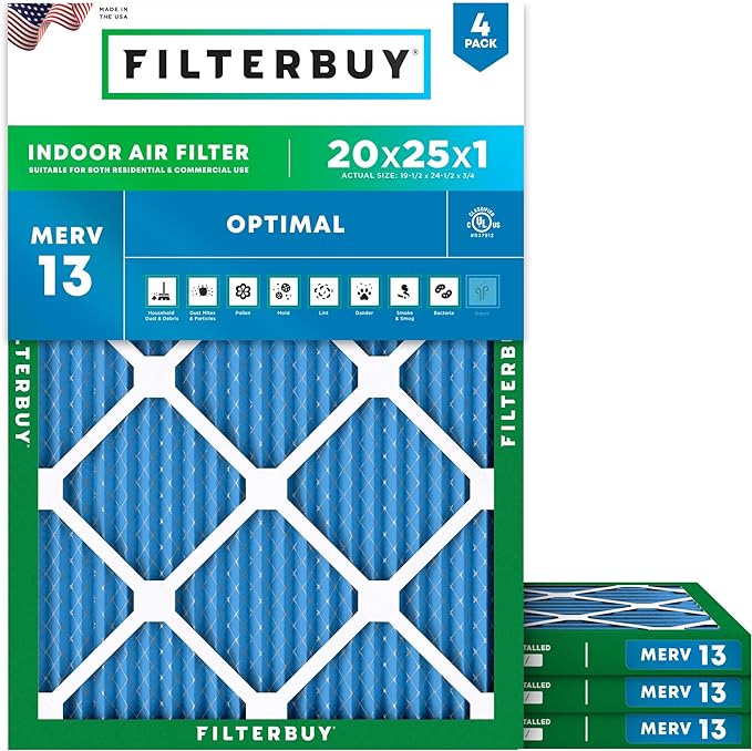 Filterbuy 20x25x1 Air Filter MERV 13 (MPR 1900) Health Defense Replacement (4-Pack), Electrostatic Pleated HVAC AC Furnace Filters, Made in USA (Actual Size: 19.50 x 24.50 x 0.75)